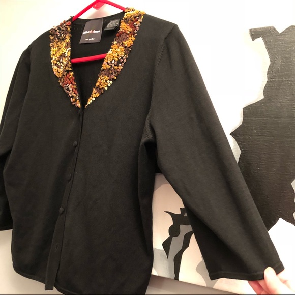 Michael Simon Sequin collar black cardigan L- EUC - Picture 3 of 6